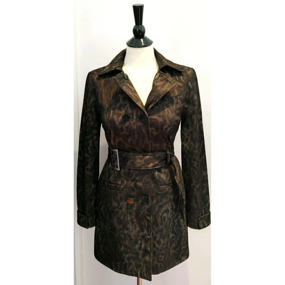 Walter Baker Brown Black Animal Print Jenny Trench Coat Size Small - Picture 2 of 7